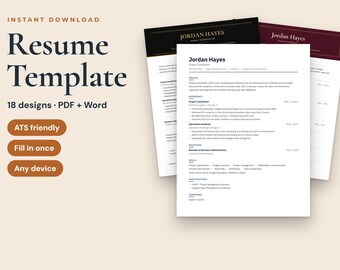 Resume Template 2026, ATS Friendly CV, Word and PDF, 18 Modern Designs, Fill Once