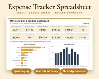 Expense Tracker Spreadsheet, Spending Log, Finance Dashboard, Monthly Weekly Summary, Excel, Google Sheets