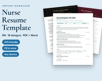 Nurse Resume Template for RN and New Grad, ATS Friendly, 18 Designs, Word, PDF