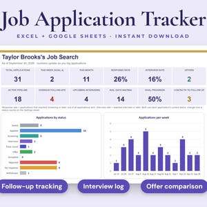 Job Application Tracker Spreadsheet, Interview Log, Follow-Up Dates, Offer Comparison, Excel and Google Sheets
