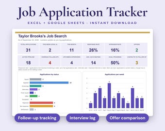 Job Application Tracker Spreadsheet, Interview Log, Follow-Up Dates, Offer Comparison, Excel and Google Sheets