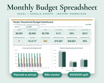 月間予算スプレッドシート、プランナー、支出トラッカー、請求書、貯蓄、50/30/20ルール、Excel、Googleスプレッドシート
