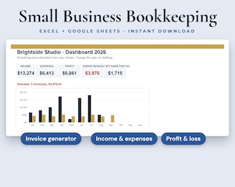 Small Business Bookkeeping Spreadsheet, Income and Expense Tracker, Invoice Template, Excel, Google Sheets