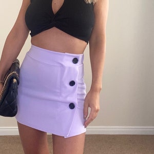 Womens purple mini skirt lilac mini skirt high waisted mini skirt pleated skirt with black mock detail buttons 00s y2k size 8 10 12