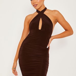 Womens cocktail jurk avond jurk halter jurk rugloze jurk bruine jurk bodycon jurk gelegenheid jurk cross front slinky jurk 00s y2k