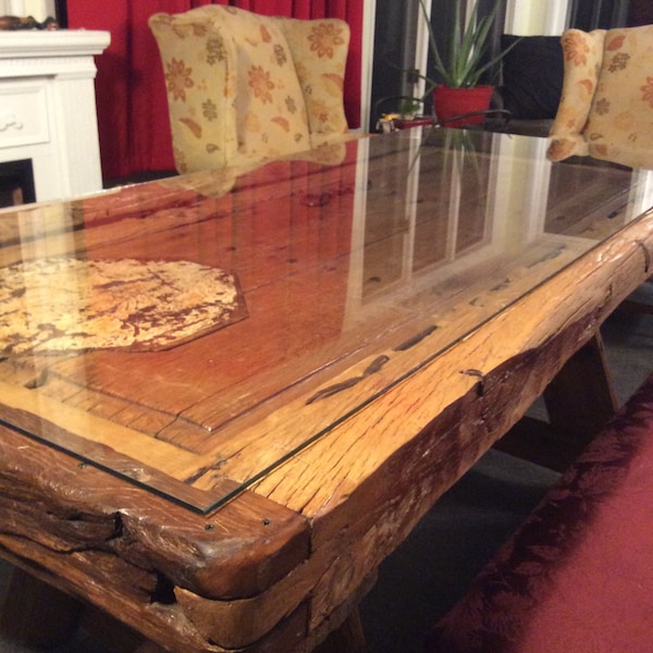 RARE antique Durango mesquite wood door frame table with tempered glass top