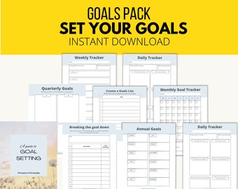 May include: A printable PDF guide to goal setting with multiple pages for tracking weekly, daily, quarterly, monthly, and annual goals. The pages are designed with a light blue and white color scheme and include sections for creating a goals list, breaking down goals, and tracking progress.