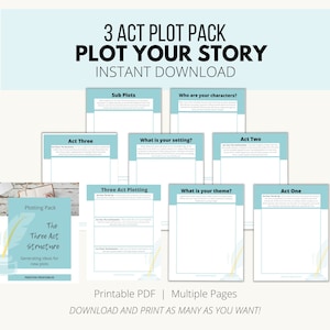 May include: A printable PDF pack titled "3 Act Plot Pack Plot Your Story Instant Download". The pack includes worksheets for outlining a story using the three-act structure. The worksheets include prompts for brainstorming subplots, characters, setting, theme, and the three acts of the story.