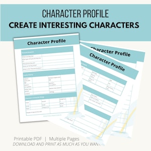 Puede incluir: Hojas de perfil de personaje imprimibles con un encabezado azul claro. Las hojas incluyen secciones para la situación personal, los antecedentes familiares y las cosas favoritas. El texto "Character Profile" es visible.