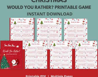 May include: Printable Christmas-themed "Would You Rather?" game with eight pages of questions. The game features a red and white colour scheme with snowflakes and a Santa Claus illustration.