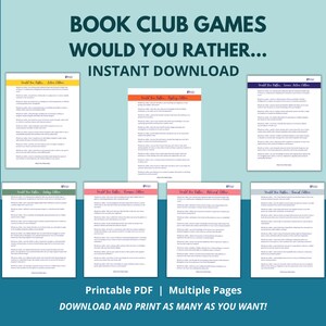 May include: A set of printable "Would You Rather..." game cards for book clubs. The cards are designed to spark conversation and discussion among book club members. The cards are available for instant download and can be printed as many times as needed.