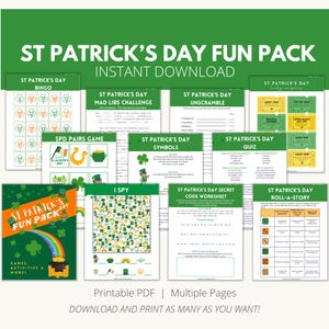 Paquete imprimible del Día de San Patricio, paquete del Día de San Patricio, bingo del Día de San Patricio, juegos del Día de San Patricio, cupones de la suerte del Día de San Patricio
