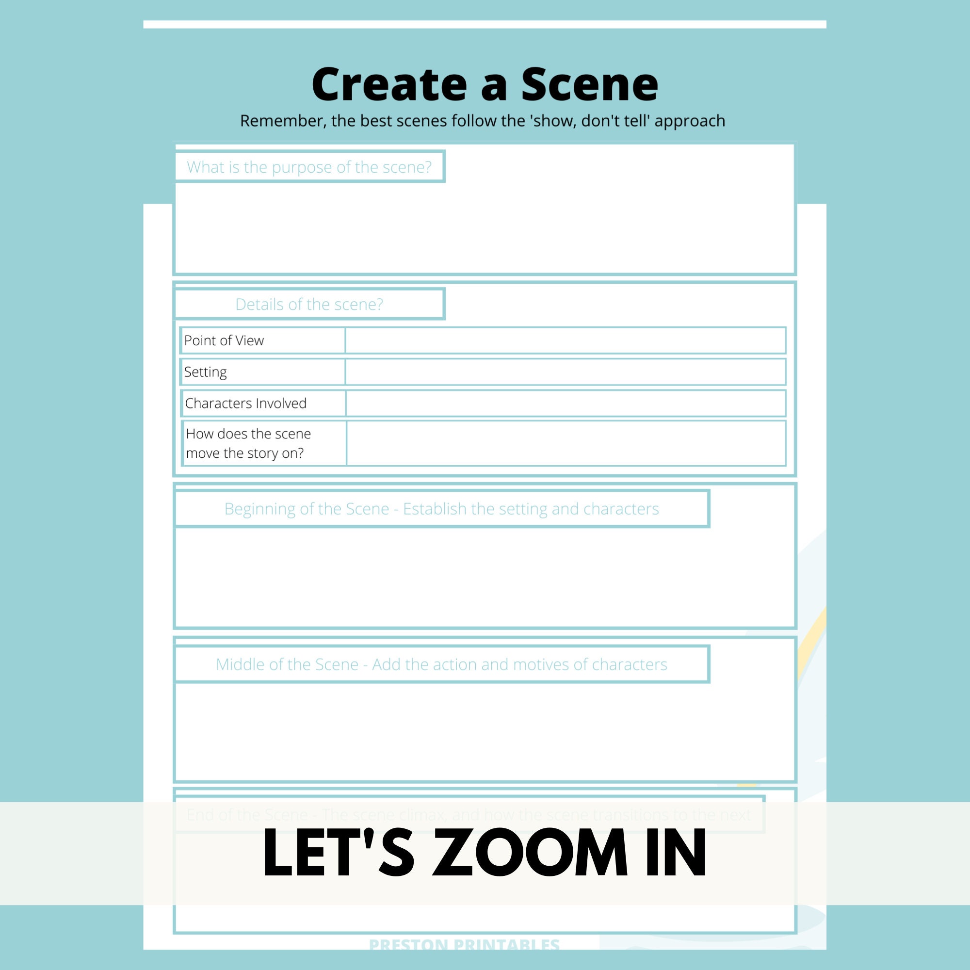Printable Scene Creator for Writers, Downloadable, Create a Scene ...