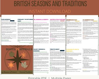 Roots & Rituals, Seasonal Printable Almanac for Slow Living, British Year Folklore and Traditions, Nature and Mindful Reflection Workbook