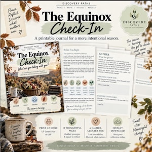 May include: A printable journal titled The Equinox Check-In featuring 13 pages of guided prompts for reflection. The cover displays a basket of autumn produce and five icons labeled Gather, Keep, Share, Leave, and Plant. Includes US Letter size.