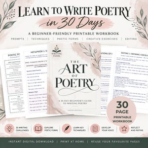 Puede incluir: Un libro de ejercicios imprimible titulado The Art of Poetry, una guía para principiantes de 30 días para escribir poesía. La portada presenta texto negro sobre fondo blanco con suaves acentos de acuarela rosa e ilustraciones botánicas.