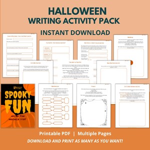 May include: Printable Halloween writing activity pack with a cover image of a spooky fun book. The pack includes multiple pages of writing prompts and activities for children to write their own Halloween stories.