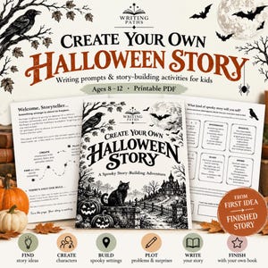 May include: A printable PDF activity pack titled Create Your Own Halloween Story with writing prompts for ages 8-12. The cover features a black cat, jack-o'-lanterns, a haunted house, and a full moon. Includes pages for story-building.
