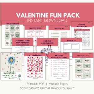 May include: A printable Valentine's Day fun pack with activities for kids. The pack includes a variety of games, worksheets, and activities, such as a maze, bingo, and a roll-a-story. The pack is available for instant download and can be printed as many times as needed.