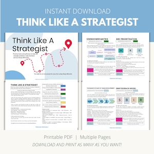 Op de afbeelding: Een digitaal document getiteld Think Like A Strategist met een rood stippellijnpad en locatiemarkeringen. Het bevat secties over de Eisenhower-matrix, ABC-prioritering, het Tuckman-model en het SBIR-feedbackmodel.