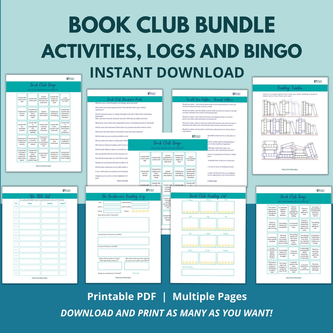 Book Club Printable Cards, Book Club Bingo, Book Club Discussion Points ...