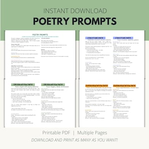 May include: A printable PDF with poetry prompts. The document includes sections on poetry prompts, structure path, observation path, and experimentation path. The text "Instant Download" and "Download and print as many as you want!" are also visible.