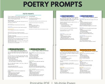 Poetry Writing Prompts Pack,  Guided Poetry Exercises and Creative Writing Prompts, Poem Starters Printable