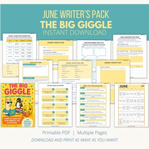 Może przedstawiać: Zestaw drukowanych stron PDF z tekstem "June Writer's Pack The Big Giggle Instant Download". Strony zawierają podpowiedzi, ćwiczenia i kalendarz na czerwiec 2025 roku. Okładka książki "June's Silly Story Challenge" przedstawia lamę, pingwina i banana.