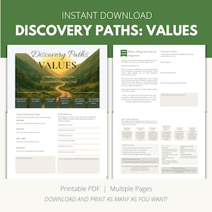 May include: A printable PDF document titled Discovery Paths: Values, featuring a cover page with a mountain landscape illustration and multiple pages of guided worksheets, prompts, and exercises for self-reflection and identifying core personal values.