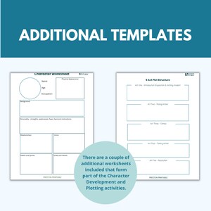 May include: Two printable worksheets for character development and plot structure. The character worksheet includes sections for name, age, occupation, background, personality, relationships, voice, habits and quirks, and goals and values. The plot structure worksheet is divided into five acts: introduction, rising action, climax, falling action, and resolution.