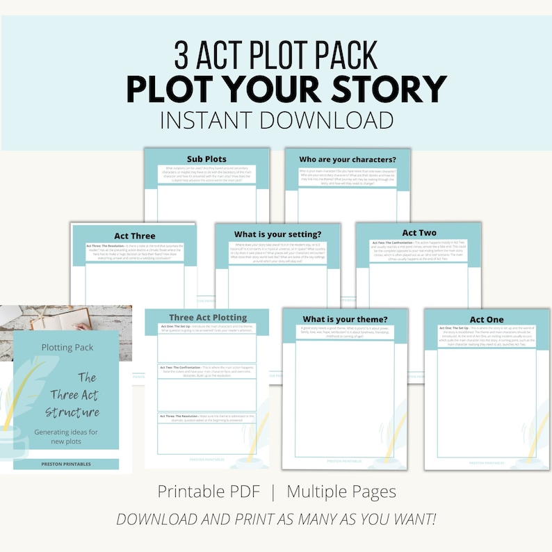May include: A printable PDF pack with the title "3 Act Plot Pack Plot Your Story Instant Download". The pack includes worksheets for outlining a story using the three-act structure. The worksheets include prompts for brainstorming subplots, characters, setting, theme, and the three acts of the story.