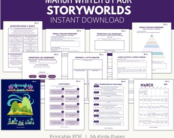 Zeszyt ćwiczeń do pisania o budowaniu świata, pakiet do pisania na marzec, tworzenie światów poprzez opowiadanie historii, arkusze ćwiczeń dla pisarzy, zeszyt ćwiczeń do budowania świata dla autorów