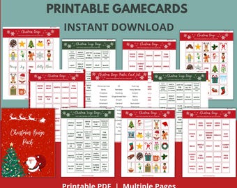 May include: A collection of printable Christmas Bingo game cards. The cards feature festive illustrations and words associated with the holiday, such as Santa, ornaments, and snow. The text reads "Christmas Bingo Printable Gamecards Instant Download."