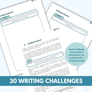 May include: A printable worksheet with a writing prompt and activity for building suspense in writing. The worksheet is titled "Building Suspense" and includes a tip for pacing and suspense. The worksheet is part of a set of 30 writing challenges.