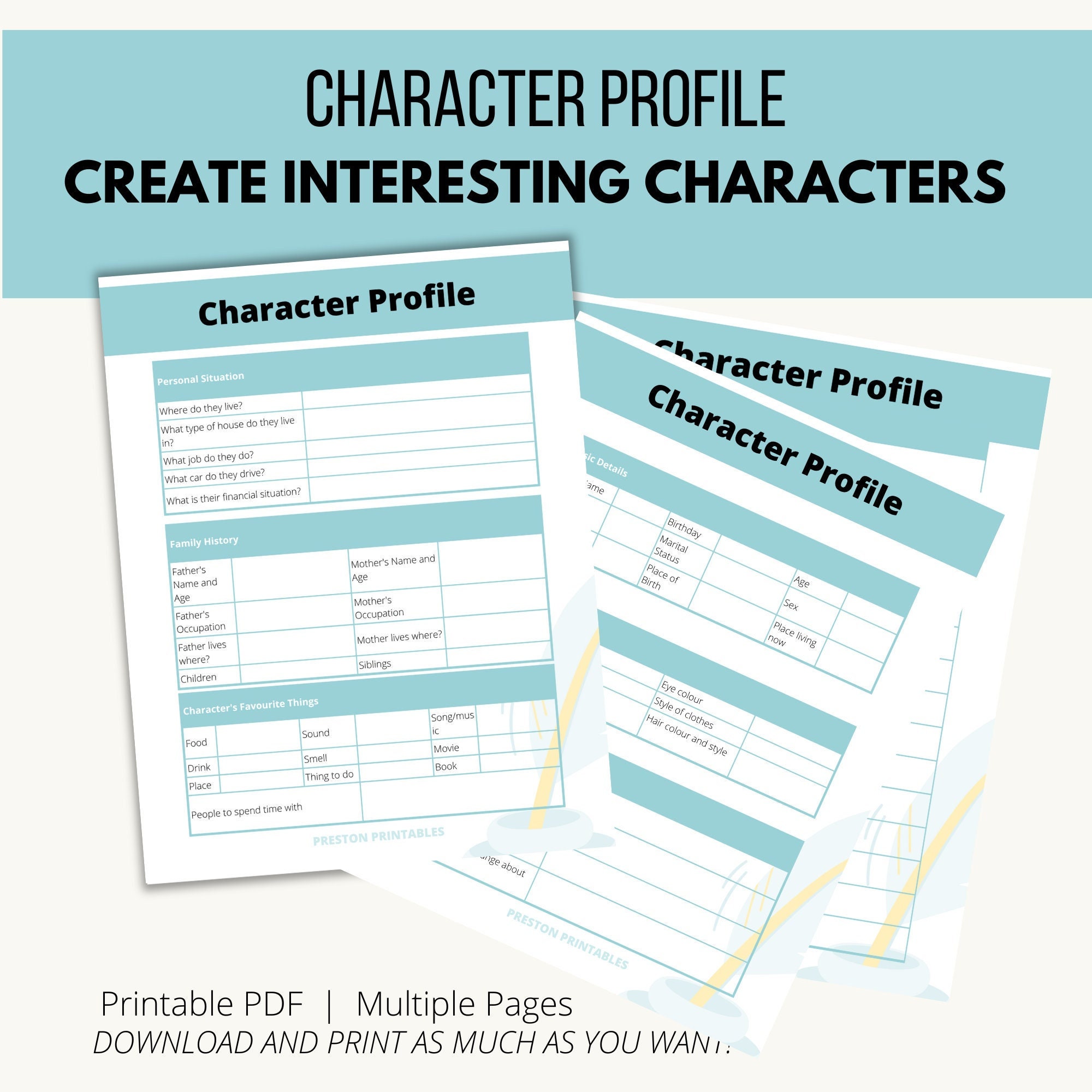 Printable Character Profile Creator for Writers, Downloadable