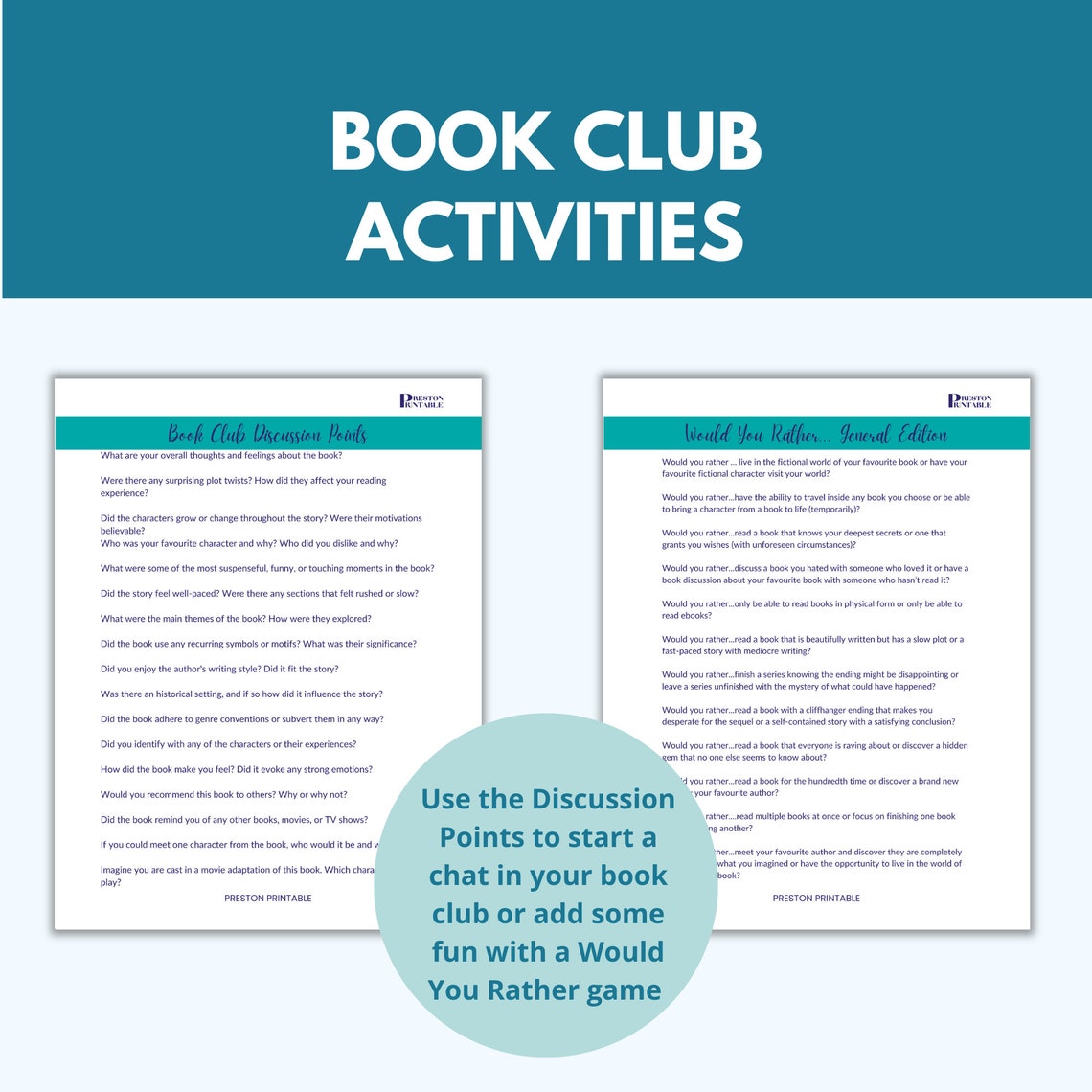 Book Club Printable Cards, Book Club Bingo, Book Club Discussion Points ...