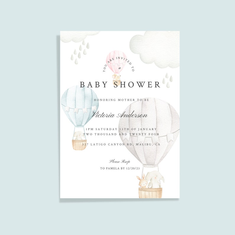 Hot Air Balloons Baby Shower Invitation, Boy or Girl Baby Shower, Gender Neutral Invite