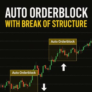 Könnte beinhalten: Eine schwarze Grafik mit weißem und gelbem Text mit der Aufschrift "AUTO ORDERBLOCK WITH BREAK OF STRUCTURE". Das Bild enthält Diagramme mit grünen und roten Candlesticks, Pfeilen und dem Text "MT4 FOREX, CRYPTO & METALS SIGNAL SYSTEM."