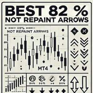 Op de afbeelding: Een zwart-witte grafiek met een kandelaarpatroon en de tekst "BEST 82% NOT REPAINT ARROWS". De grafiek heeft een percentageschaal aan de linkerkant en de tekst "MT4" in het midden. De grafiek is omringd door verschillende pijlen en symbolen.
