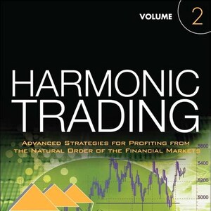 Op de afbeelding: Boekomslag voor "Harmonic Trading: Advanced Strategies for Profiting from the Natural Order of the Financial Markets", Volume 2, door Scott M. Carney. De omslag heeft een groene en gele achtergrond met een grafiek van financiële gegevens en een geometrisch patroon.