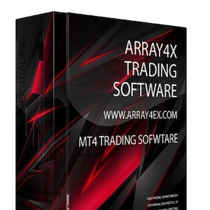 May include: A black and red software box with the text "ARRAY4X TRADING SOFTWARE" and "WWW.ARRAY4EX.COM". The box also says "MT4 TRADING SOFTWARE" and "EASY TRADING, NEWBIE FRIENDLY - TOP MANUAL INCLUDED FULL 100% - AVAILABLE ON 13 PAIRS - START TRADE - JUST SUPPORT CONTACT US ANYT"