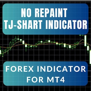 Op de afbeelding: Een blauwe en groene afbeelding met de tekst "NO REPAINT TJ-SHART INDICATOR FOREX INDICATOR FOR MT4". De afbeelding toont ook een candlestick-grafiek met een rode en oranje lijn.