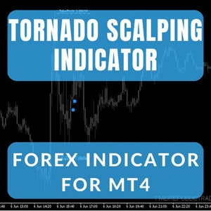 May include: A blue rectangle with the text "TORNADO SCALPING INDICATOR" in white. Below the rectangle is a black and white chart with a blue dot. A blue rectangle with the text "FOREX INDICATOR FOR MT4" in white.