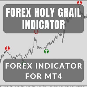 Op de afbeelding: Een grafiek die een forex-handelsstrategie laat zien met een grijze achtergrond en de tekst "FOREX HOLY GRAIL INDICATOR" en "FOREX INDICATOR FOR MT4". De grafiek toont een zwarte lijn met rode en groene pijlen die koop- en verkoopsignalen aangeven.