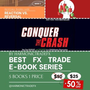 Può includere: Una grafica verde, rossa e blu con il testo "HARMONIC TRADE" e "CONQUER THE CRASH". La grafica include anche il testo "BEST FX TRADE E-BOOK SERIES" e "5 BOOKS 1 PRICE". La grafica ha un'etichetta di prezzo con il testo "50 €" barrato e "25 €" con uno sconto del 50%.