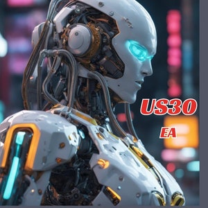 Puede incluir: Un robot blanco con ojos azules y cabeza plateada. El robot lleva un casco plateado y negro con una franja amarilla y naranja. El robot está de pie frente a un fondo de ciudad con luces rojas y amarillas. El texto "US30 EA" está en letras rojas en el lado derecho de la imagen.