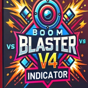Peut inclure: Un design graphique coloré avec le texte "BOOM BLASTER V4 INDICATOR" et "VERSION: 4.0". Le design présente un haut-parleur, deux fusées et des flammes.