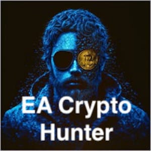 Può includere: Un'illustrazione digitale di una persona con il viso blu e nero, che indossa occhiali da sole. L'occhio destro della persona è sostituito da un simbolo Bitcoin dorato.