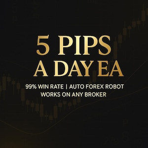 May include: Gold text on a black background with a stock market chart pattern. The text reads "5 PIPS A DAY EA 99% WIN RATE | AUTO FOREX ROBOT WORKS ON ANY BROKER".