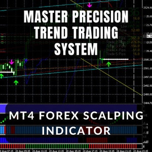May include: A black and white chart with a green, yellow, and red line graph. The chart has the text "MASTER PRECISION TREND TRADING SYSTEM" and "MT4 FOREX SCALPING INDICATOR".